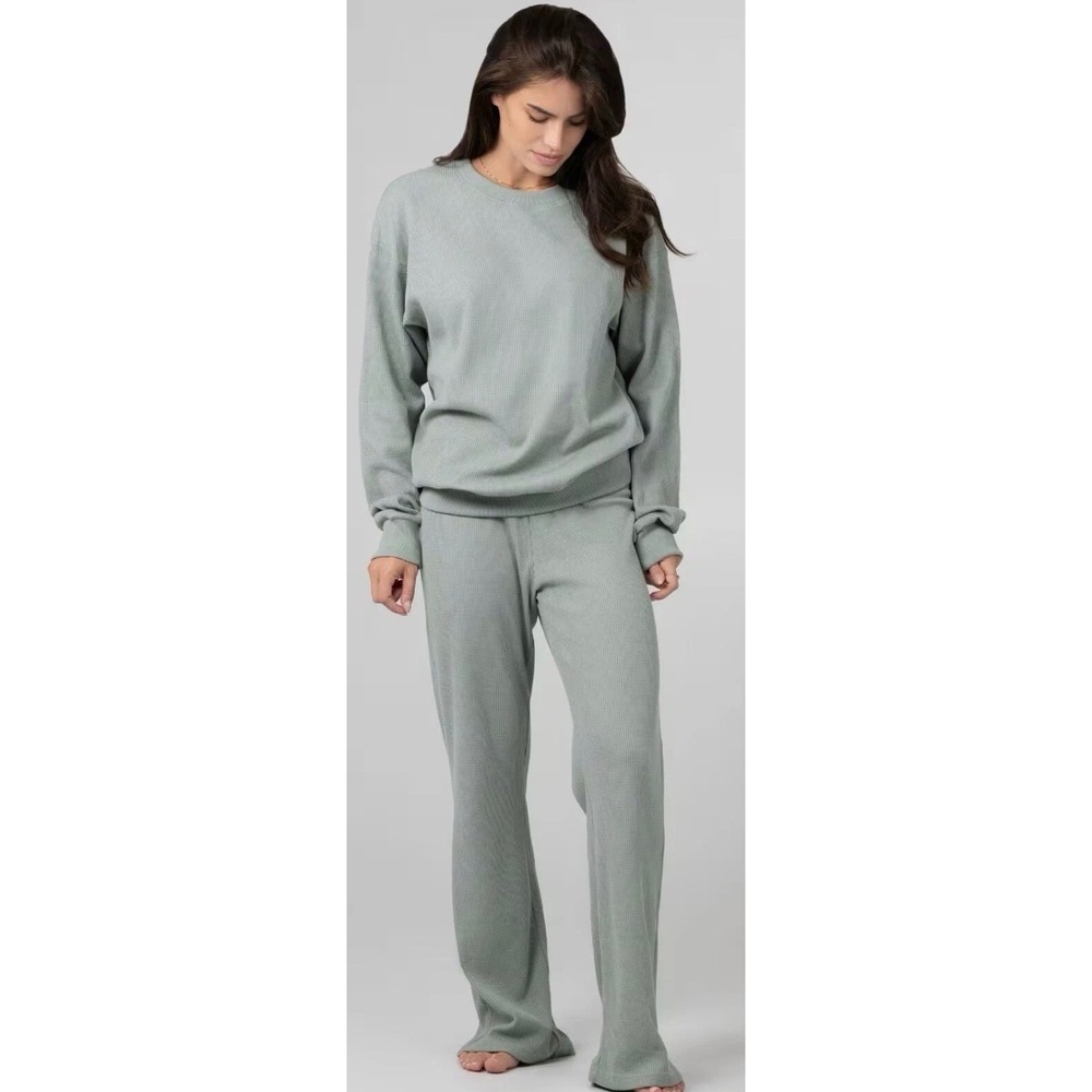 Comfrt Waffle Knit Lounge Set Sage Green Sweatshirt Wide Leg Pants Size Small